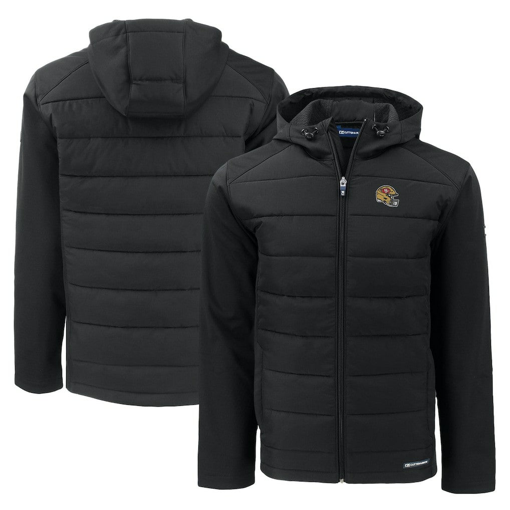 San Francisco 49ers Cutter & Buck Helmet Evoke Hybrid Eco Softshell Recycled Full-Zip Hoodie Jacket - Black on sale