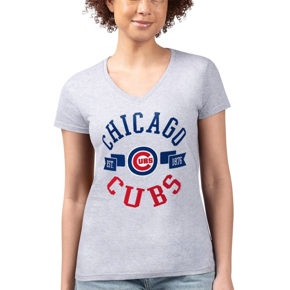 Chicago Cubs G-III 4Her by Carl Banks Women's Super-Slim Fit Lightweight City Graphic V-Neck T-Shirt - Heather Gray