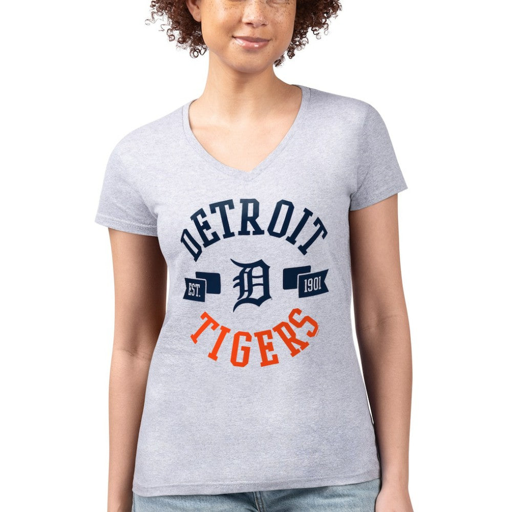 Detroit Tigers G-III 4Her by Carl Banks Women's Super-Slim Fit Lightweight City Graphic V-Neck T-Shirt - Heather Gray