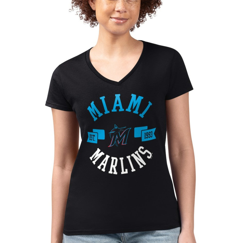 Miami Marlins G-III 4Her by Carl Banks Women's Super-Slim Fit Lightweight City Graphic V-Neck T-Shirt - Black