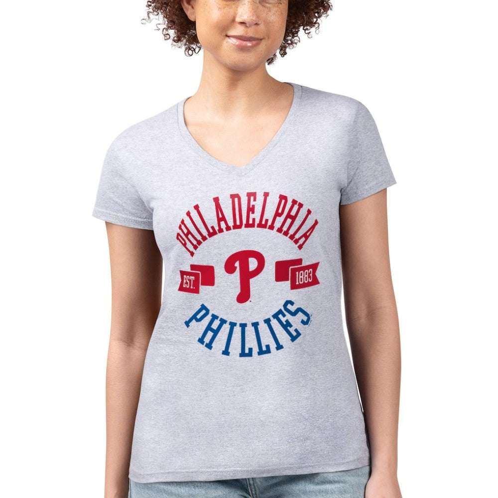 Philadelphia Phillies G-III 4Her by Carl Banks Women's Super-Slim Fit Lightweight City Graphic V-Neck T-Shirt - Heather Gray