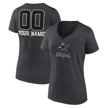 Miami Marlins Women's Personalized Monochrome Name & Number V-Neck T-Shirt - Charcoal