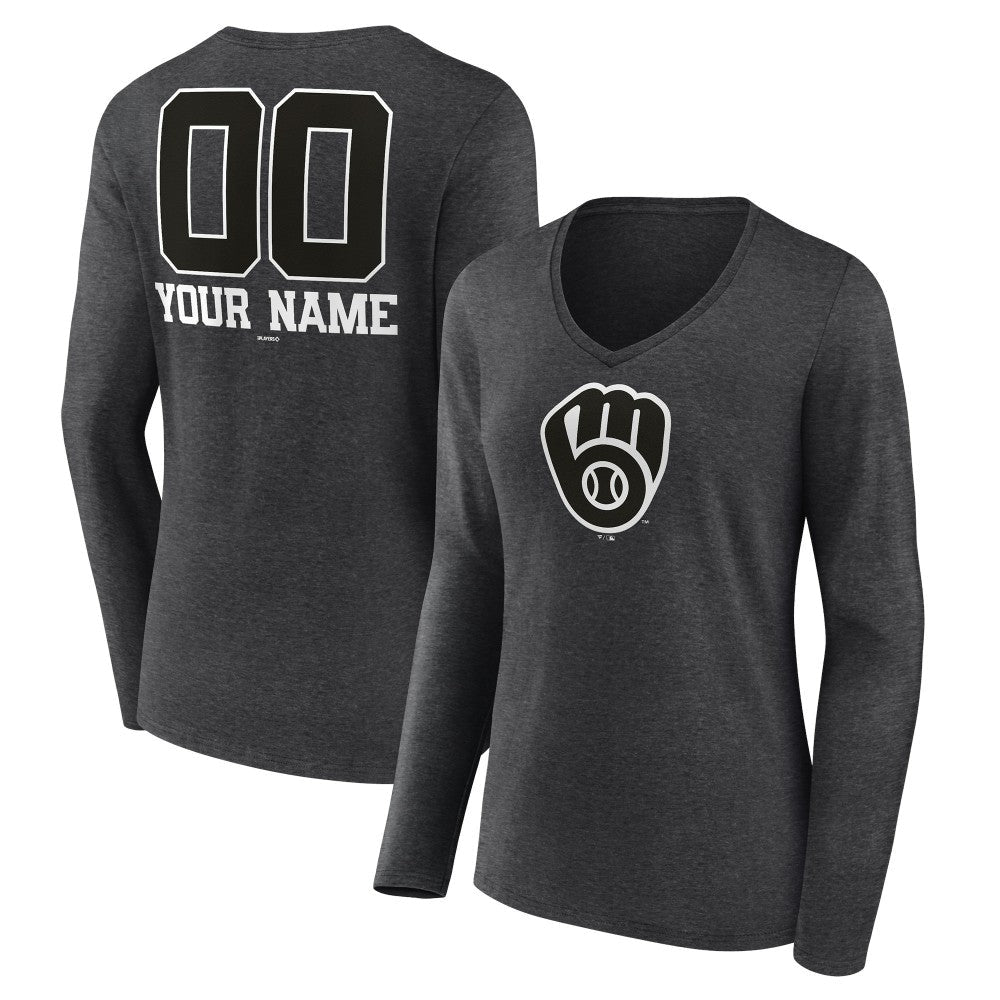 Milwaukee Brewers Women's Personalized Monochrome Name & Number Long Sleeve V-Neck T-Shirt - Charcoal