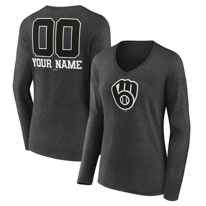 Milwaukee Brewers Women's Personalized Monochrome Name & Number Long Sleeve V-Neck T-Shirt - Charcoal