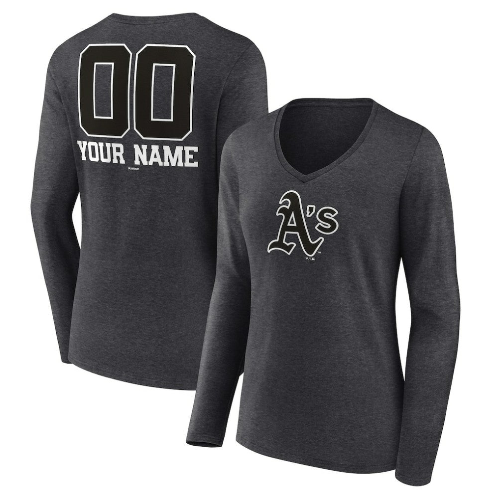 Athletics Women's Personalized Monochrome Name & Number Long Sleeve V-Neck T-Shirt - Charcoal