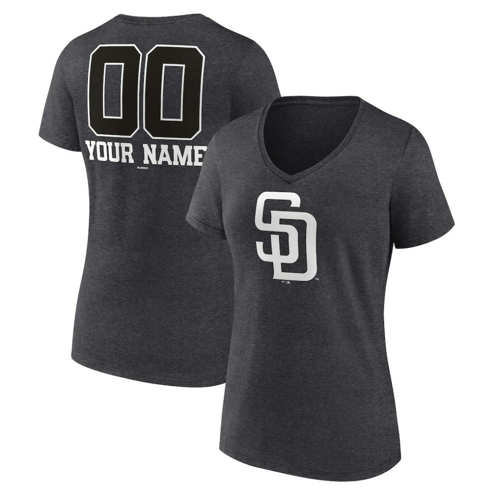 San Diego Padres Women's Personalized Monochrome Name & Number V-Neck T-Shirt - Charcoal