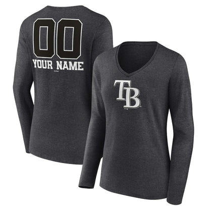 Tampa Bay Rays Women's Personalized Monochrome Name & Number Long Sleeve V-Neck T-Shirt - Charcoal
