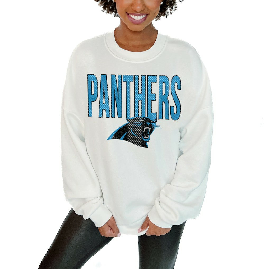 Carolina Panthers Gameday Couture Women's Just Go With It Oversized Long Sleeve Crewneck Sweatshirt – White discount