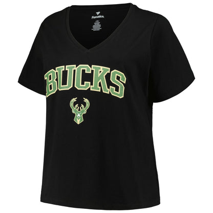 Milwaukee Bucks Profile Women's Plus Size Arch Over Logo V-Neck T-Shirt - Black sale