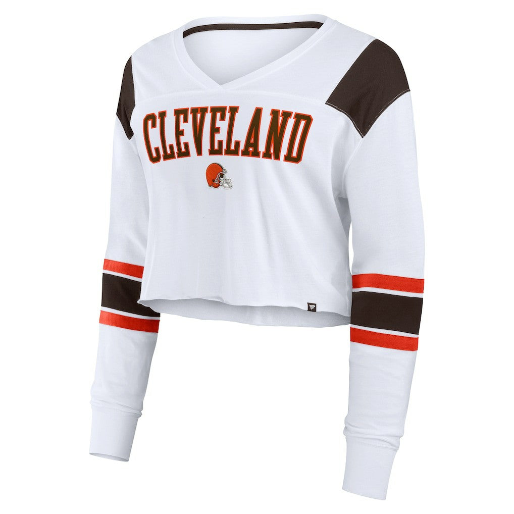 Cleveland Browns Women's Stretch Cropped Fashion Long Sleeve T-Shirt - White on sale