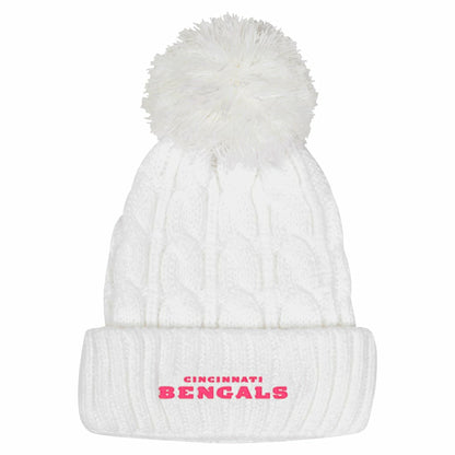 Cincinnati Bengals Girls Youth Cable Cuffed Knit Hat with Pom - White for sale