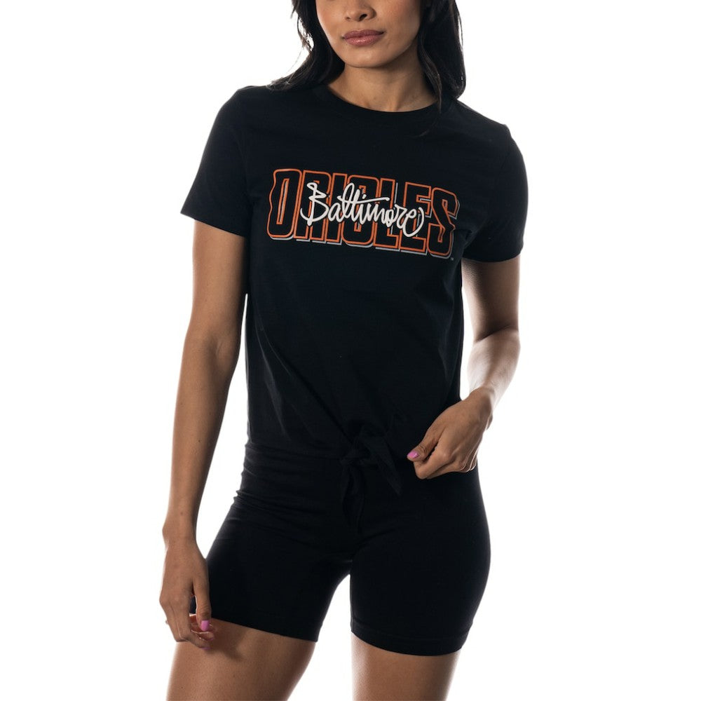 Baltimore Orioles The Wild Collective Women's Twist Front T-Shirt - Black