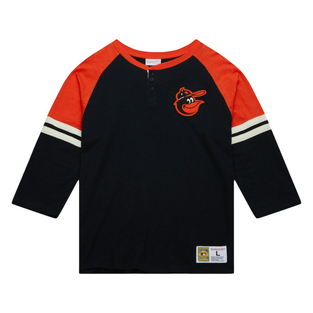 Baltimore Orioles Cooperstown Collection Legendary Raglan Slub Henley 3/4-Sleeve T-Shirt - Black | Mitchell & Ness