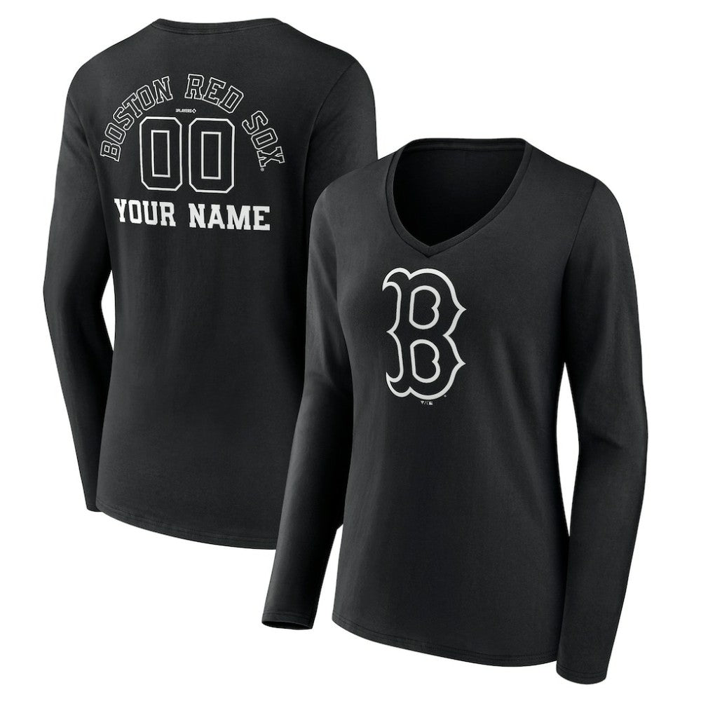 Boston Red Sox Women's Monochrome Personalized Name & Number Long Sleeve V-Neck T-Shirt - Black
