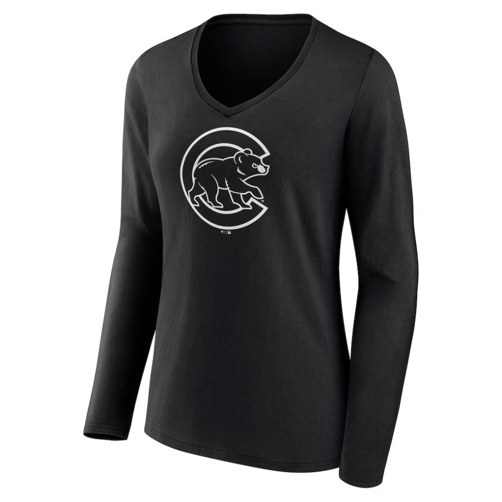 Chicago Cubs Women's Monochrome Personalized Name & Number Long Sleeve V-Neck T-Shirt - Black