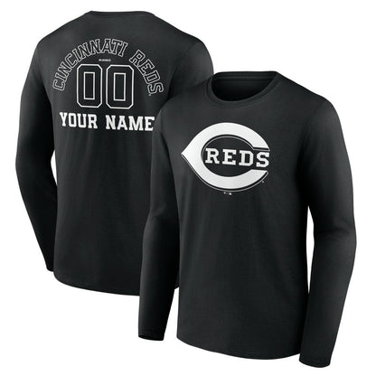 Cincinnati Reds Monochrome Personalized Name & Number Long Sleeve T-Shirt - Black