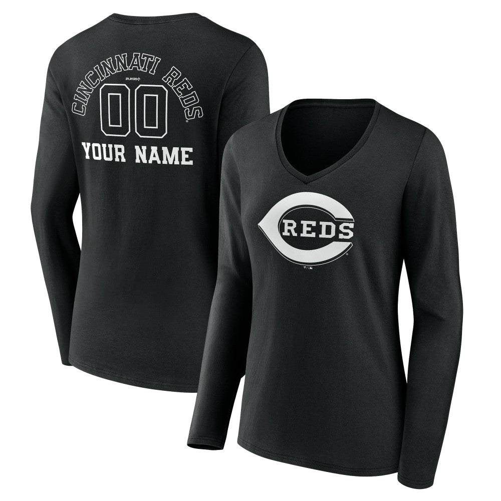 Cincinnati Reds Women's Monochrome Personalized Name & Number Long Sleeve V-Neck T-Shirt - Black