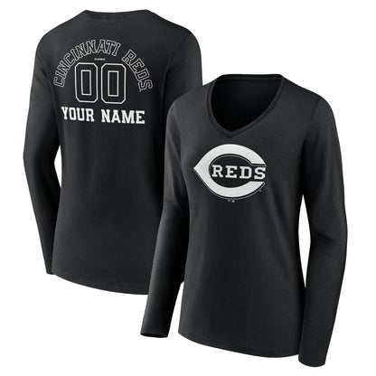 Cincinnati Reds Women's Monochrome Personalized Name & Number Long Sleeve V-Neck T-Shirt - Black