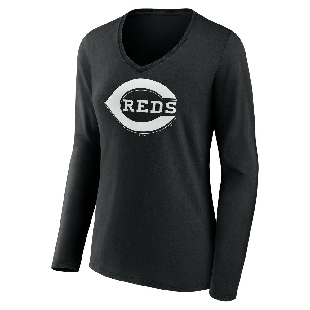 Cincinnati Reds Women's Monochrome Personalized Name & Number Long Sleeve V-Neck T-Shirt - Black