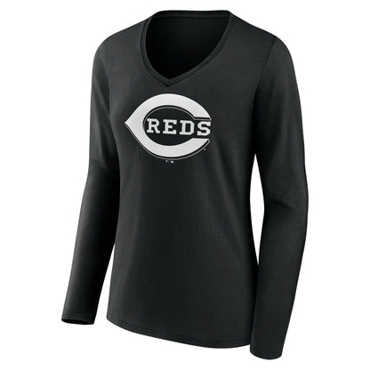 Cincinnati Reds Women's Monochrome Personalized Name & Number Long Sleeve V-Neck T-Shirt - Black