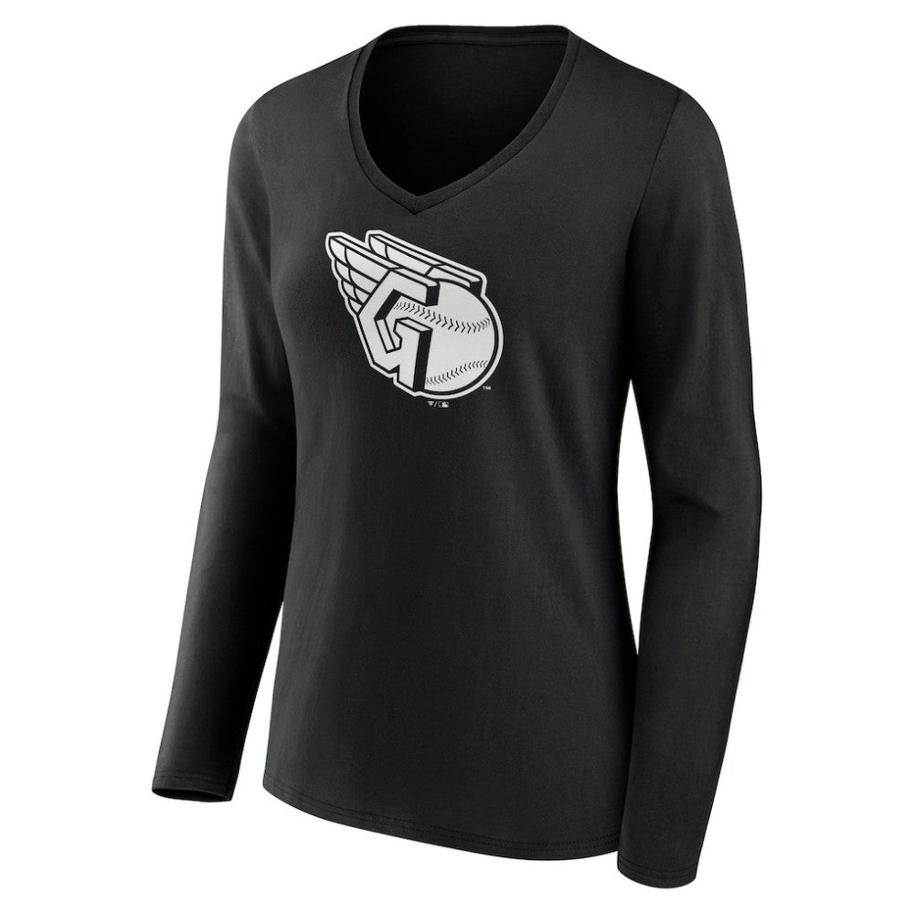 Cleveland Guardians Women's Monochrome Personalized Name & Number Long Sleeve V-Neck T-Shirt - Black