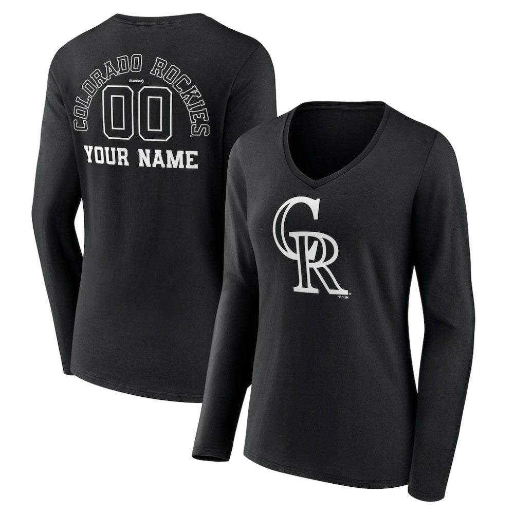 Colorado Rockies Women's Monochrome Personalized Name & Number Long Sleeve V-Neck T-Shirt - Black