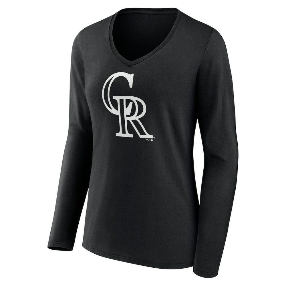 Colorado Rockies Women's Monochrome Personalized Name & Number Long Sleeve V-Neck T-Shirt - Black