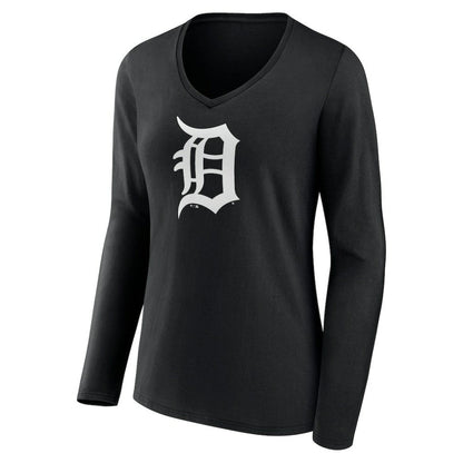 Detroit Tigers Women's Monochrome Personalized Name & Number Long Sleeve V-Neck T-Shirt - Black