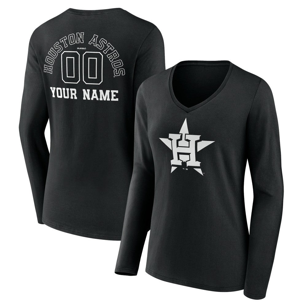 Houston Astros Women's Monochrome Personalized Name & Number Long Sleeve V-Neck T-Shirt - Black