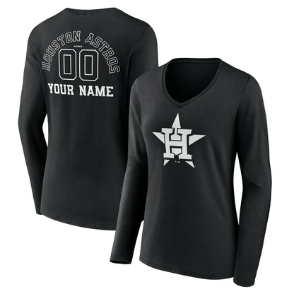Houston Astros Women's Monochrome Personalized Name & Number Long Sleeve V-Neck T-Shirt - Black
