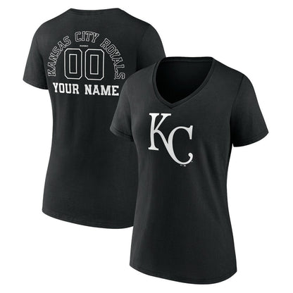 Kansas City Royals Women's Monochrome Personalized Name & Number V-Neck T-Shirt - Black