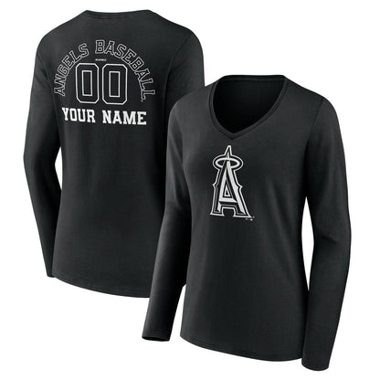 Los Angeles Angels Women's Monochrome Personalized Name & Number Long Sleeve V-Neck T-Shirt - Black