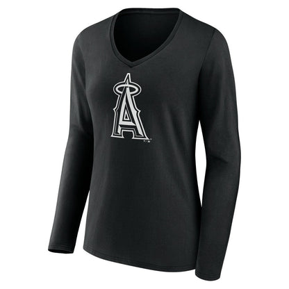 Los Angeles Angels Women's Monochrome Personalized Name & Number Long Sleeve V-Neck T-Shirt - Black