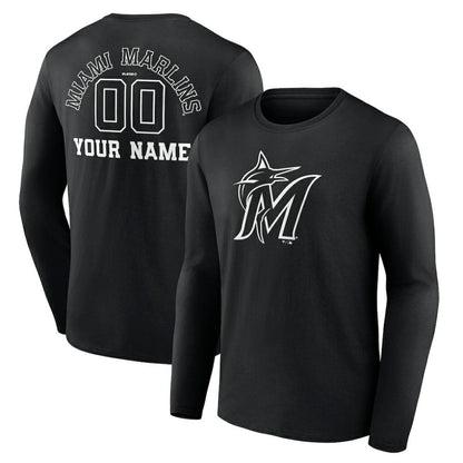 Miami Marlins Monochrome Personalized Name & Number Long Sleeve T-Shirt - Black