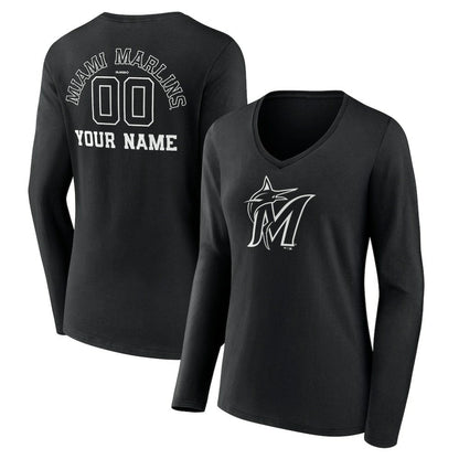 Miami Marlins Women's Monochrome Personalized Name & Number Long Sleeve V-Neck T-Shirt - Black
