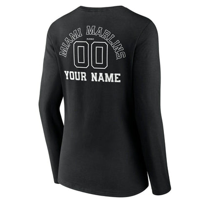 Miami Marlins Women's Monochrome Personalized Name & Number Long Sleeve V-Neck T-Shirt - Black