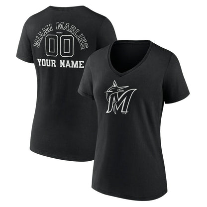 Miami Marlins Women's Monochrome Personalized Name & Number V-Neck T-Shirt - Black