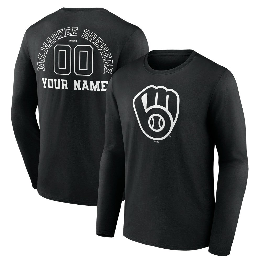 Milwaukee Brewers Monochrome Personalized Name & Number Long Sleeve T-Shirt - Black