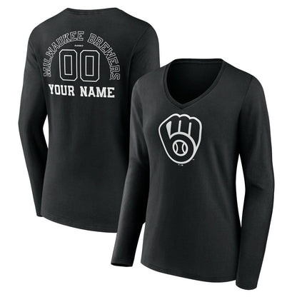 Milwaukee Brewers Women's Monochrome Personalized Name & Number Long Sleeve V-Neck T-Shirt - Black
