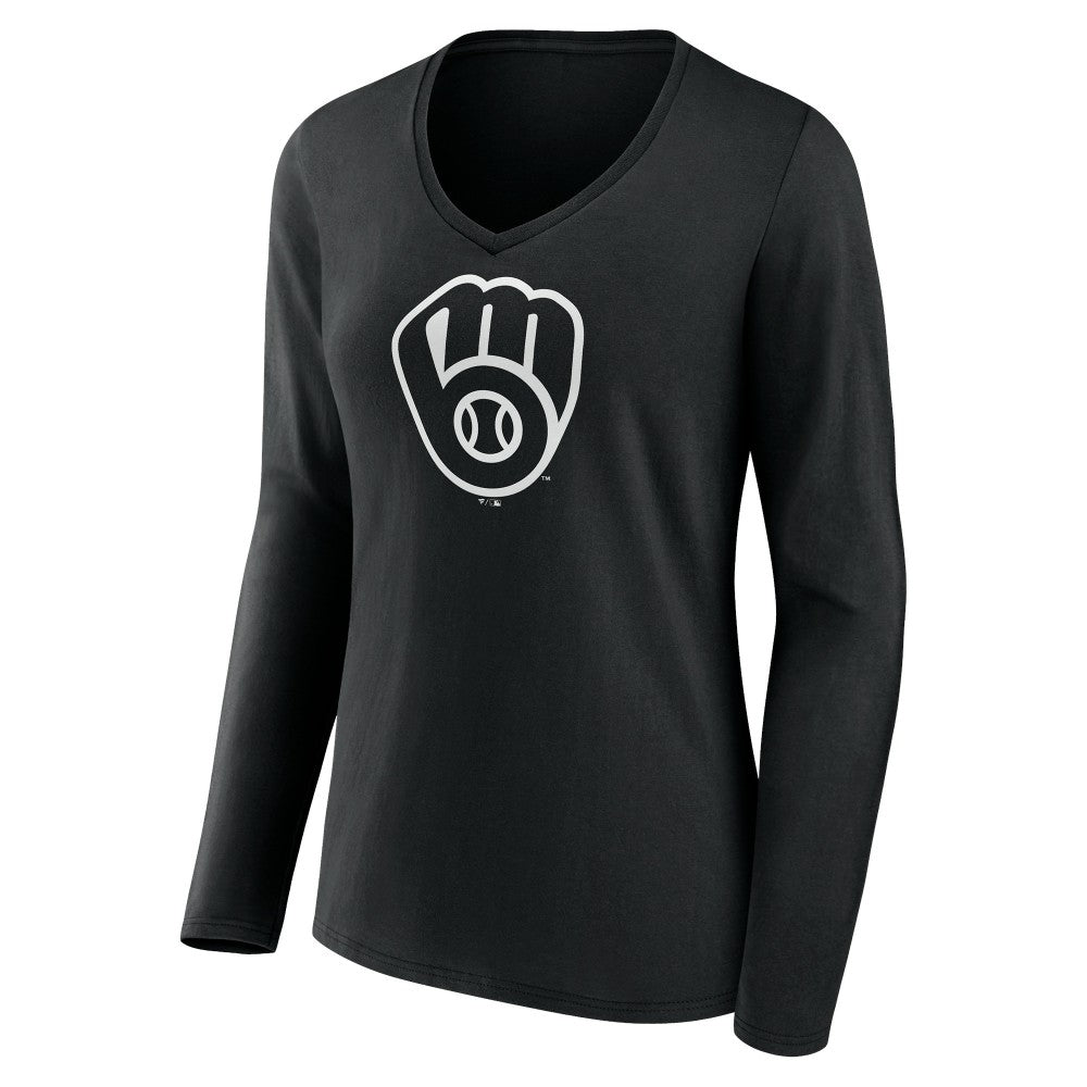 Milwaukee Brewers Women's Monochrome Personalized Name & Number Long Sleeve V-Neck T-Shirt - Black