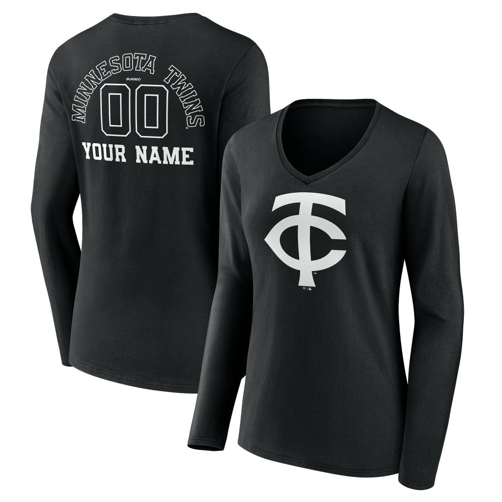Minnesota Twins Women's Monochrome Personalized Name & Number Long Sleeve V-Neck T-Shirt - Black