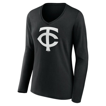 Minnesota Twins Women's Monochrome Personalized Name & Number Long Sleeve V-Neck T-Shirt - Black
