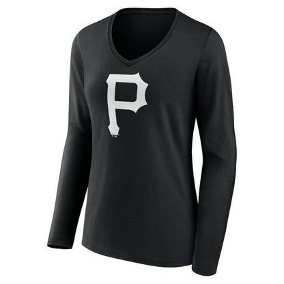 Pittsburgh Pirates Women's Monochrome Personalized Name & Number Long Sleeve V-Neck T-Shirt - Black