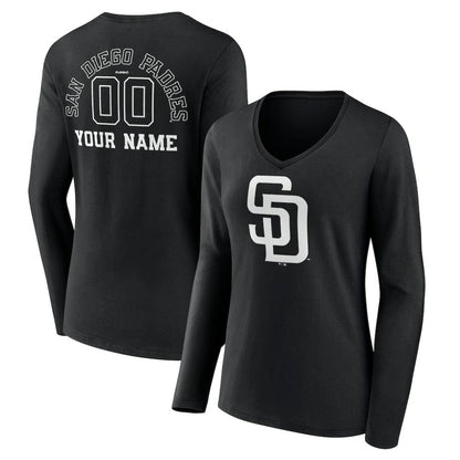 San Diego Padres Women's Monochrome Personalized Name & Number Long Sleeve V-Neck T-Shirt - Black
