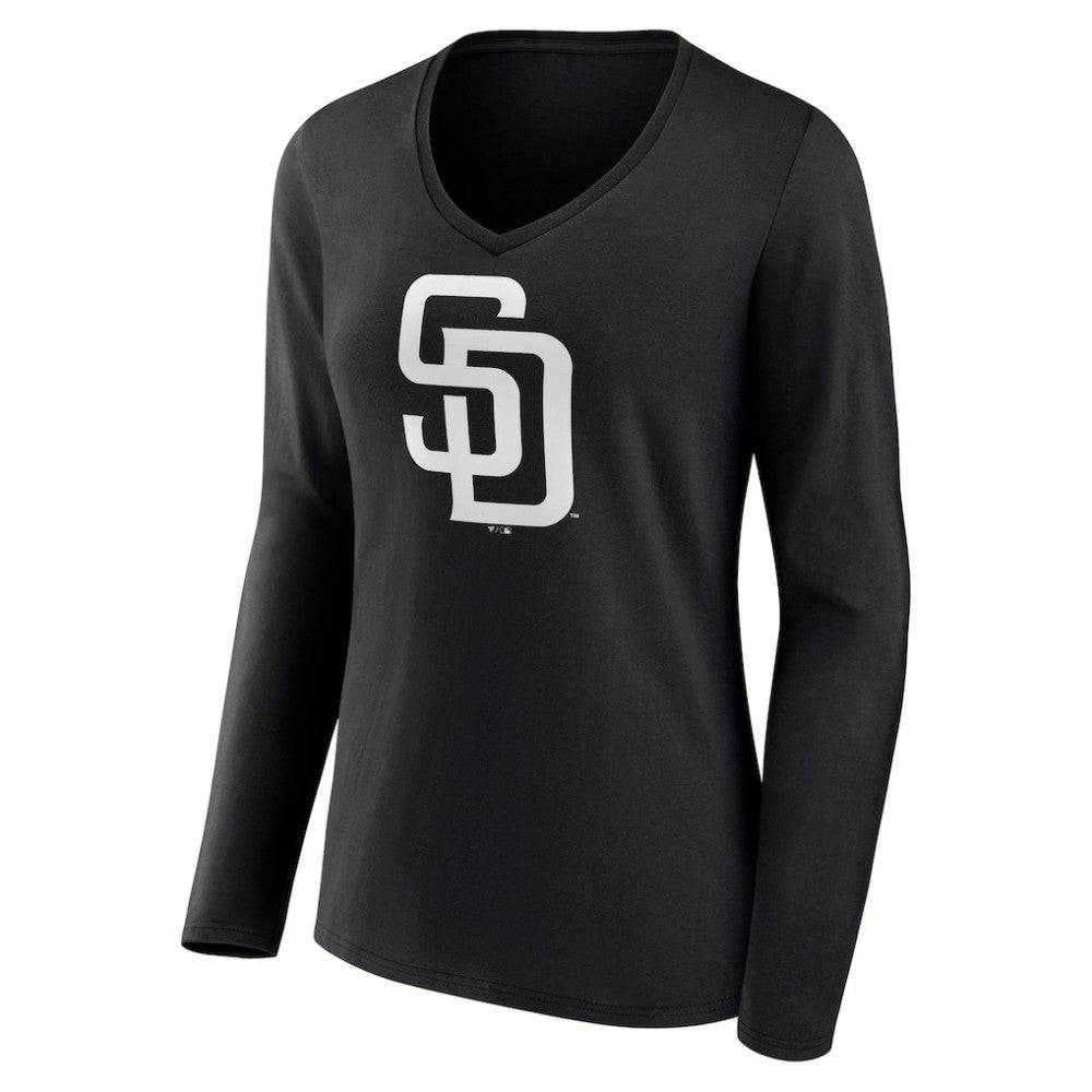 San Diego Padres Women's Monochrome Personalized Name & Number Long Sleeve V-Neck T-Shirt - Black
