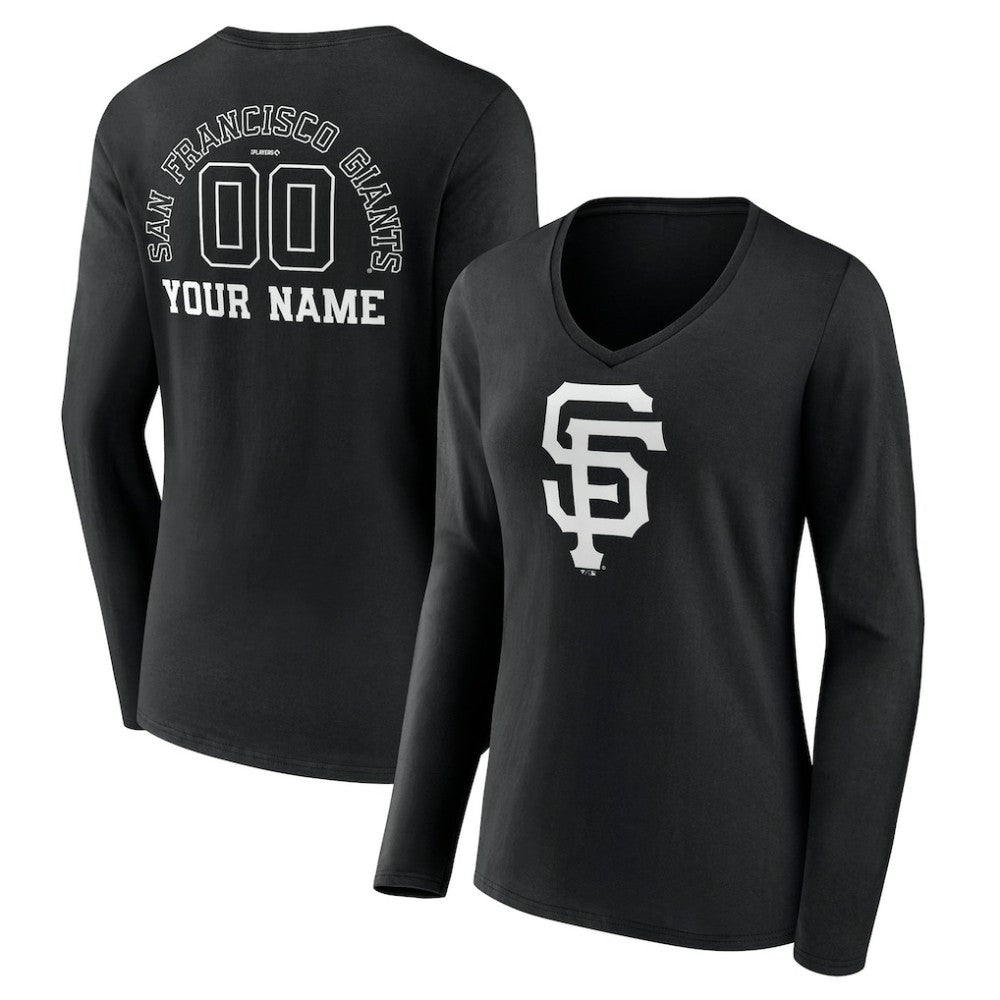 San Francisco Giants Women's Monochrome Personalized Name & Number Long Sleeve V-Neck T-Shirt - Black
