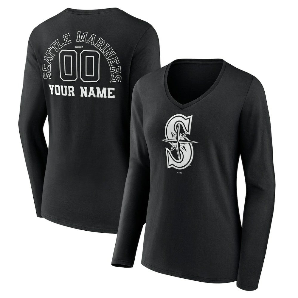 Seattle Mariners Women's Monochrome Personalized Name & Number Long Sleeve V-Neck T-Shirt - Black