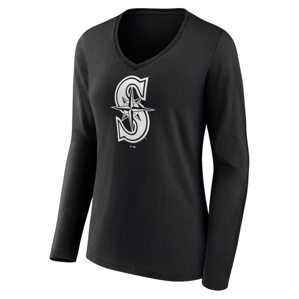 Seattle Mariners Women's Monochrome Personalized Name & Number Long Sleeve V-Neck T-Shirt - Black