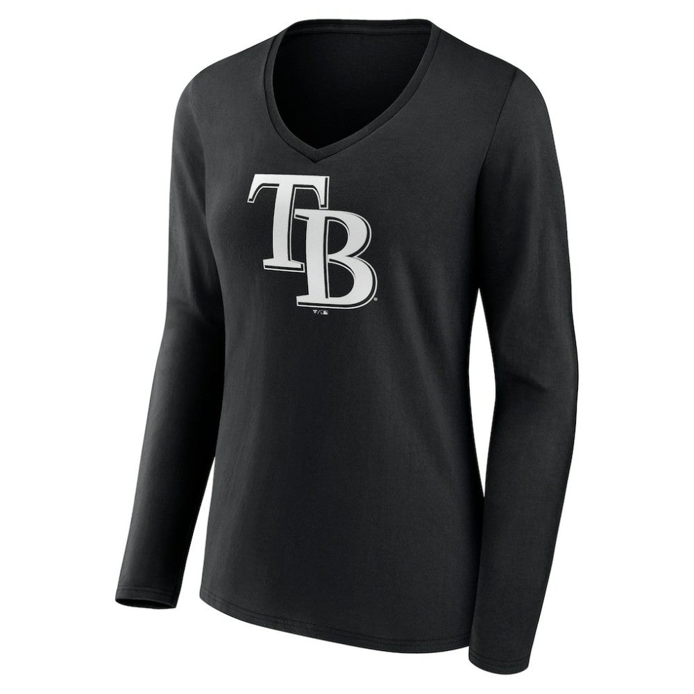Tampa Bay Rays Women's Monochrome Personalized Name & Number Long Sleeve V-Neck T-Shirt - Black