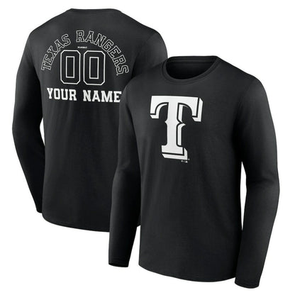 Texas Rangers Monochrome Personalized Name & Number Long Sleeve T-Shirt - Black